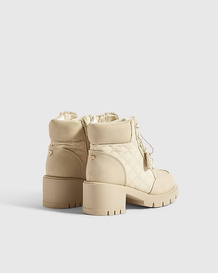 Girls Cream Heeled Lace Up Hiker Boots