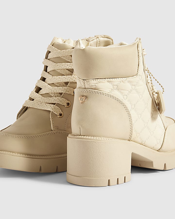 Girls Cream Heeled Lace Up Hiker Boots