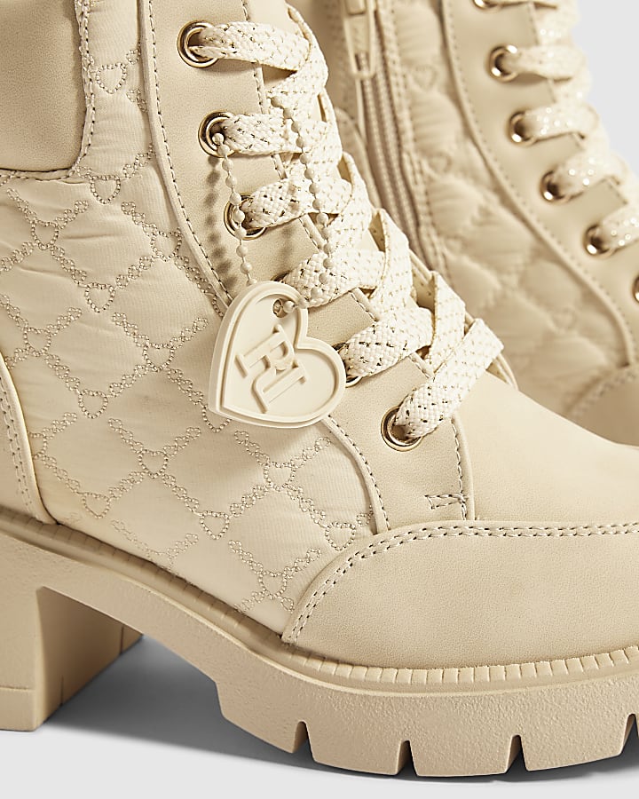 Girls Cream Heeled Lace Up Hiker Boots