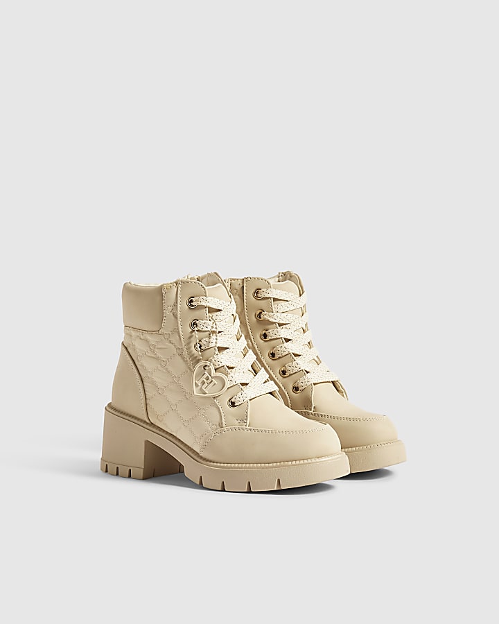 Girls Cream Heeled Lace Up Hiker Boots