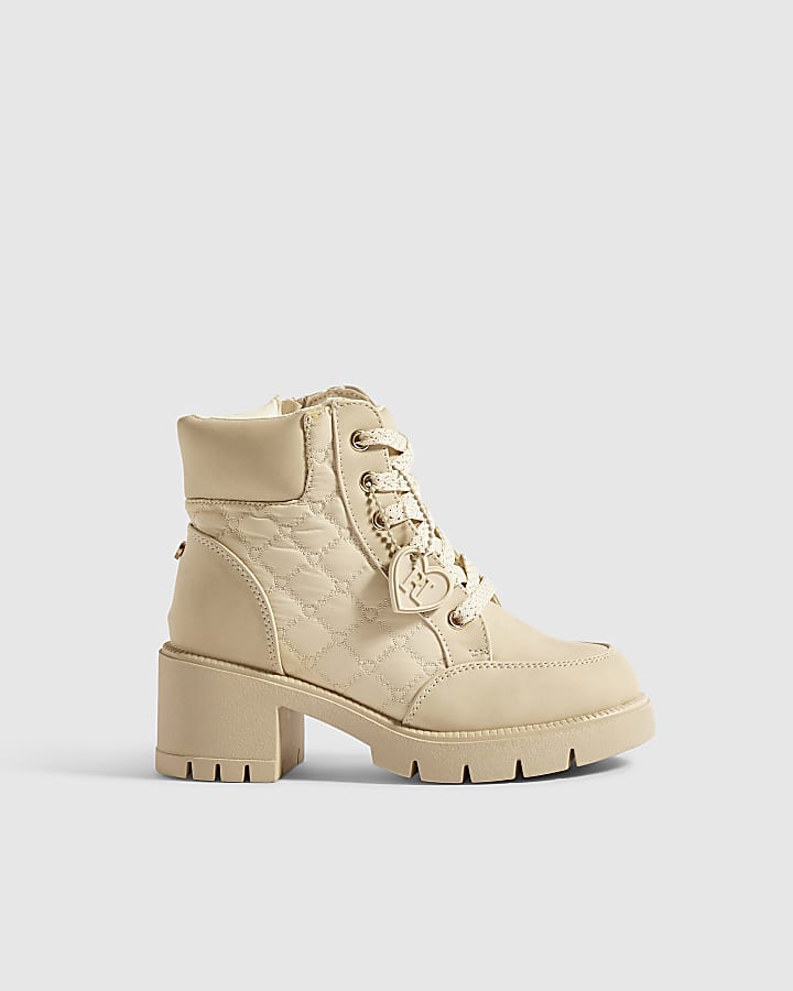 Girls Cream Heeled Lace Up Hiker Boots