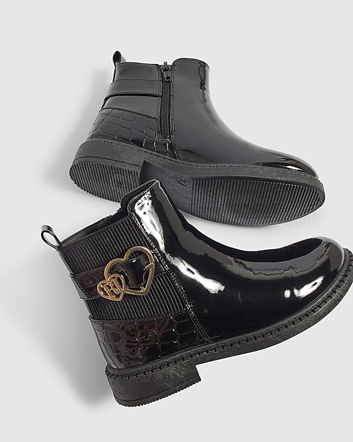 Girls Black Patent Chelsea Boots