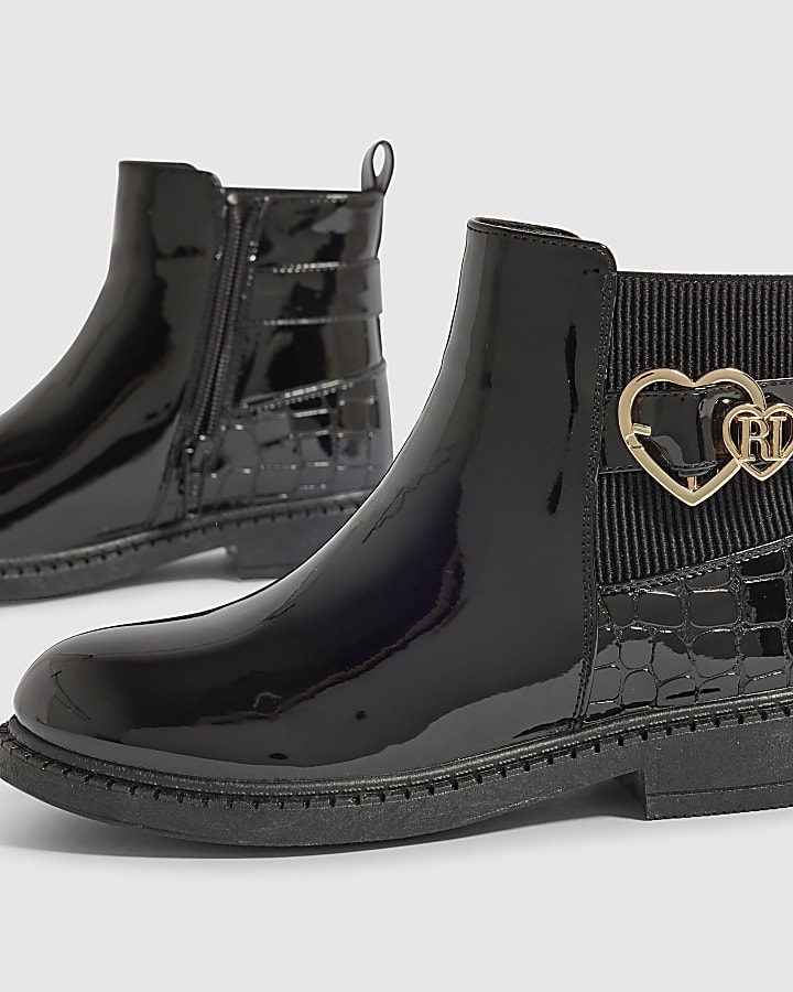 Girls Black Patent Chelsea Boots