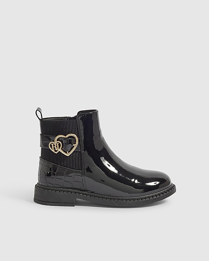 Girls Black Patent Chelsea Boots