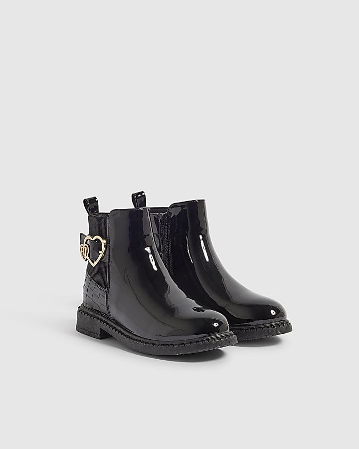 Girls Black Patent Chelsea Boots