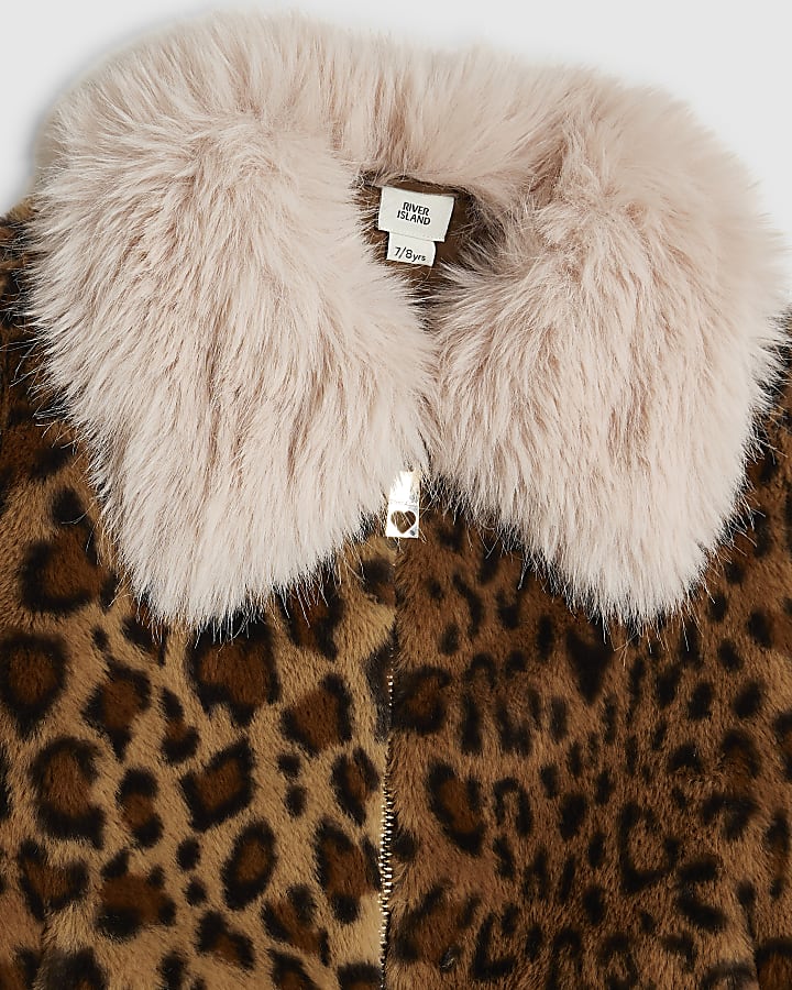 Girls Leopard Print Fur Cuff Jacket