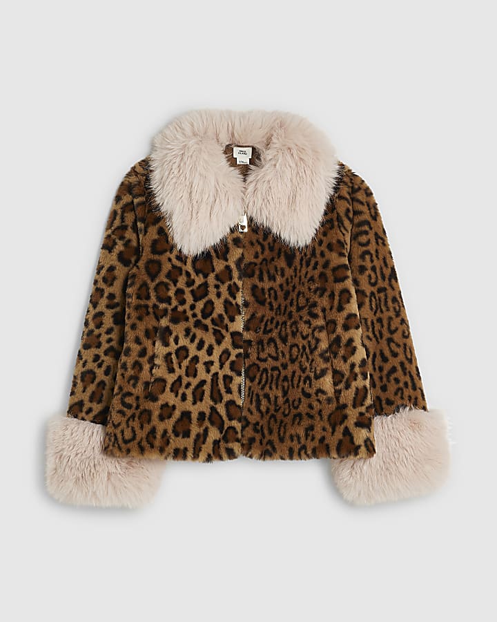 Girls Leopard Print Fur Cuff Jacket