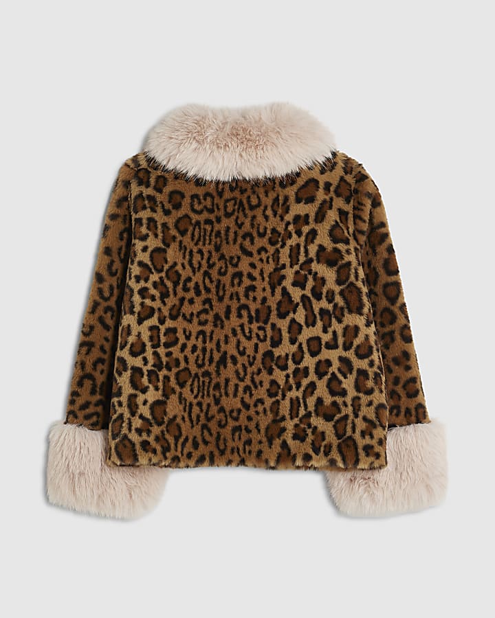 Girls Leopard Print Fur Cuff Jacket