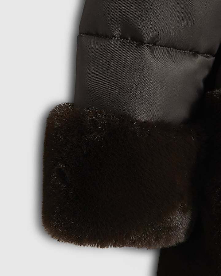 Mini Girls Brown Hybrid Fur Cinch Padded Coat