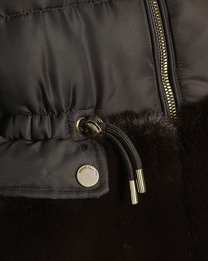 Mini Girls Brown Hybrid Fur Cinch Padded Coat