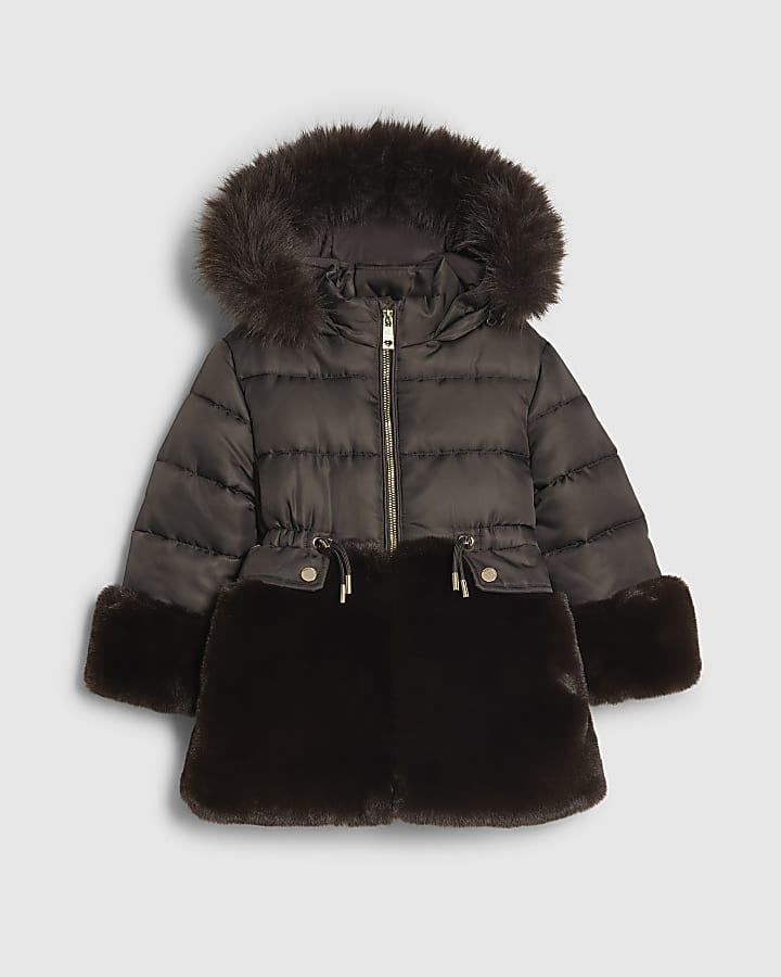 Mini Girls Brown Hybrid Fur Cinch Padded Coat