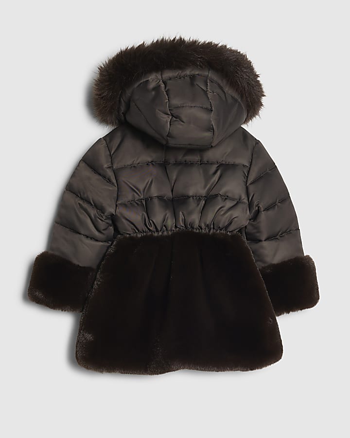 Mini Girls Brown Hybrid Fur Cinch Padded Coat
