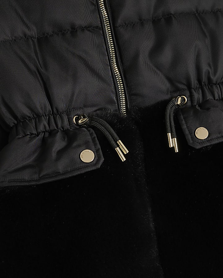 Girls Black Hybrid Fur Cinch Padded Coat