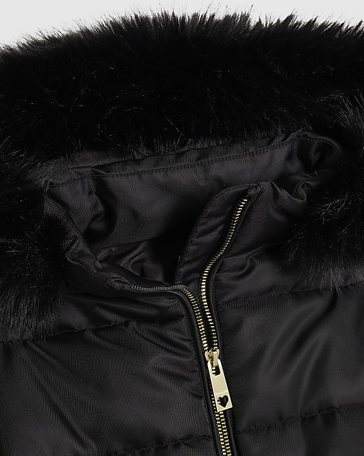 Girls Black Hybrid Fur Cinch Padded Coat