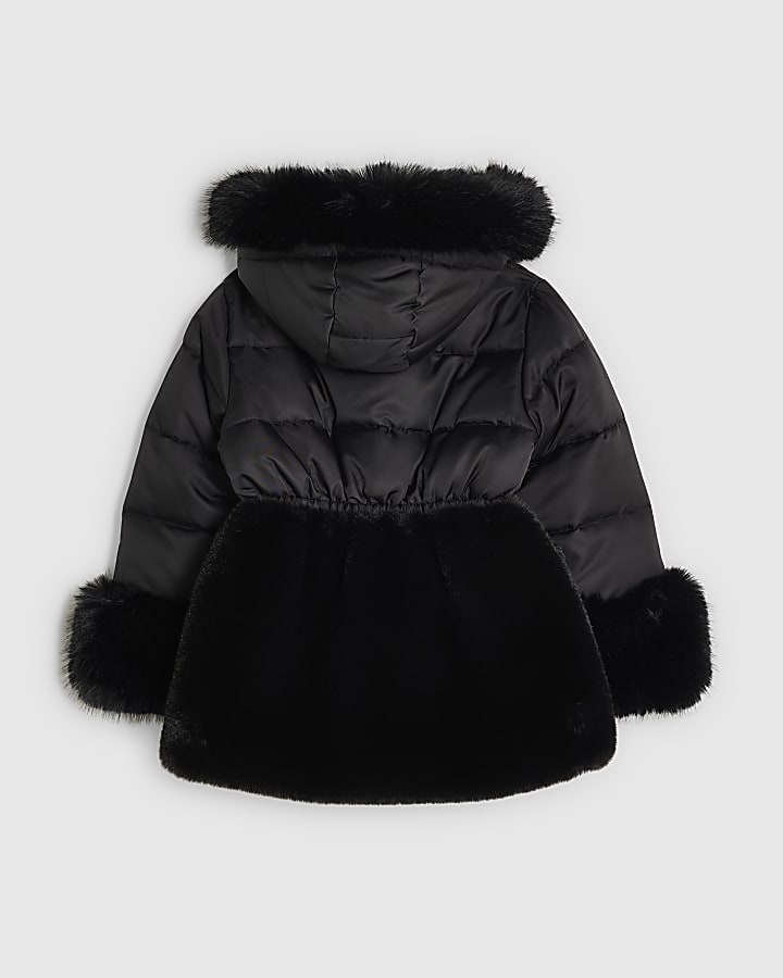 Girls Black Hybrid Fur Cinch Padded Coat