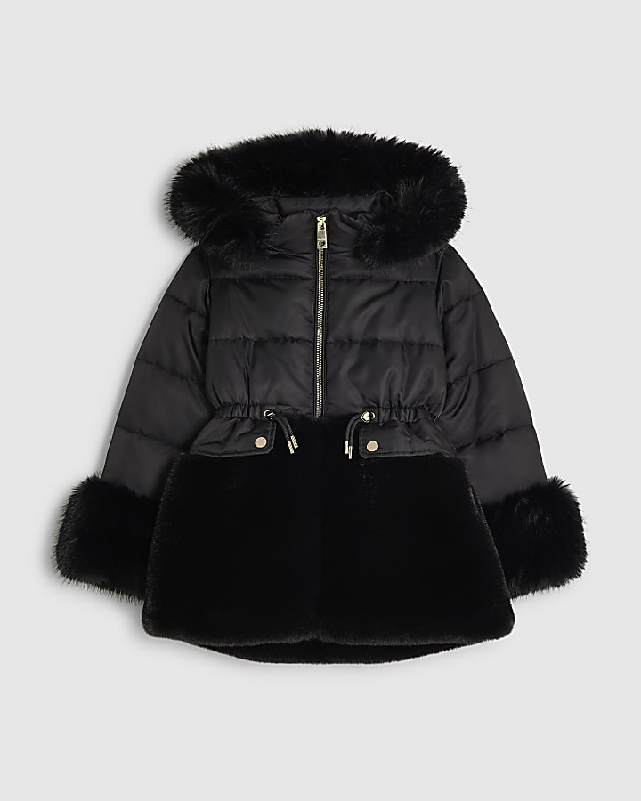 Girls Black Hybrid Fur Cinch Padded Coat