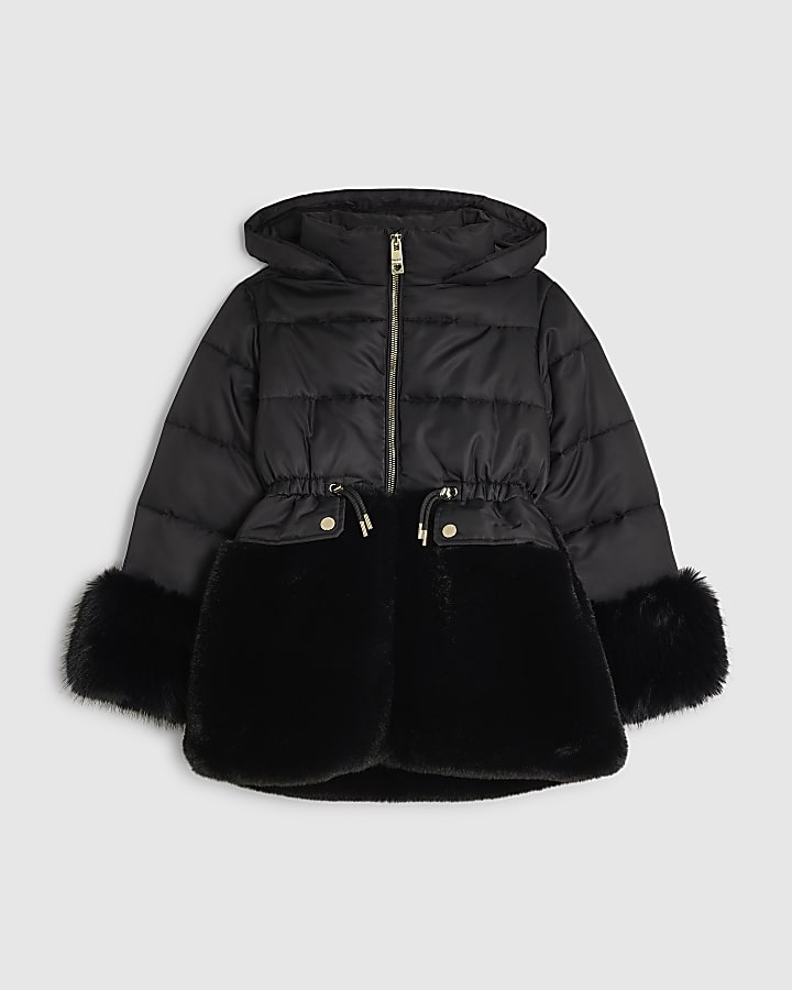 Girls Black Hybrid Fur Cinch Padded Coat