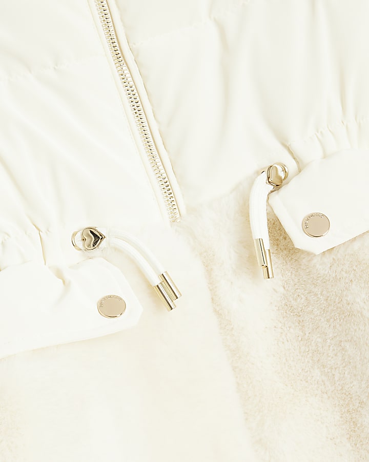 Girls Cream Hybrid Fur Cinch Padded Coat