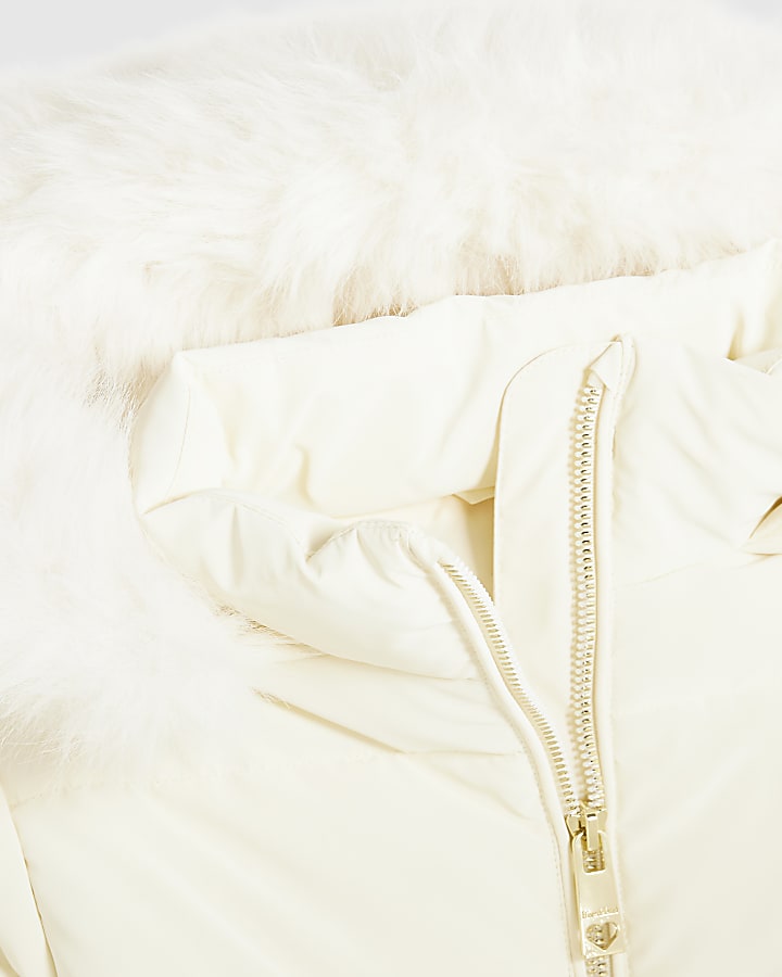 Girls Cream Hybrid Fur Cinch Padded Coat