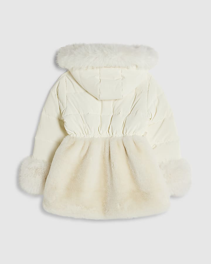 Girls Cream Hybrid Fur Cinch Padded Coat