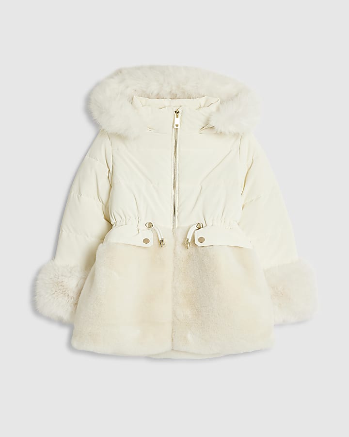 Girls Cream Hybrid Fur Cinch Padded Coat