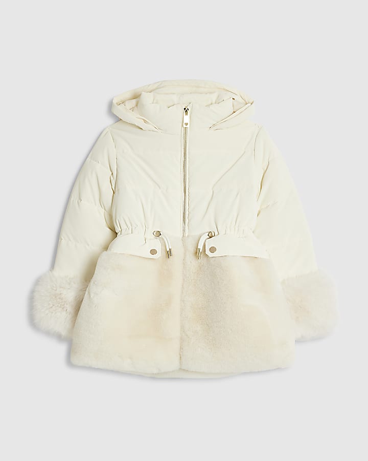 Girls Cream Hybrid Fur Cinch Padded Coat