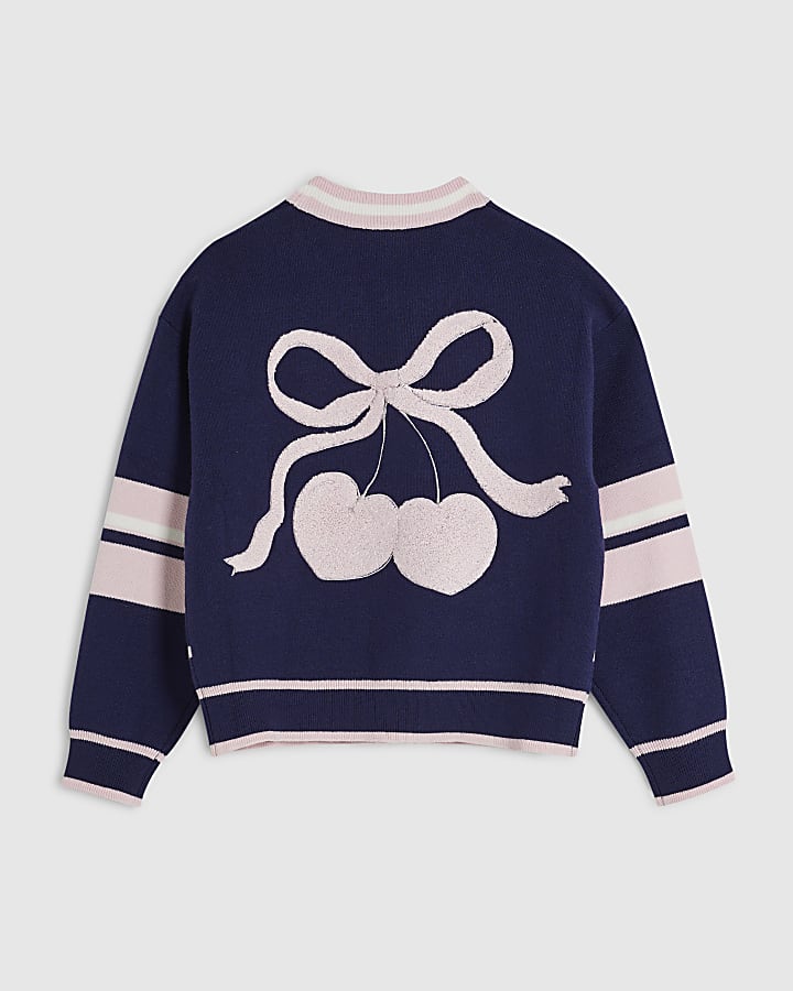 Girls Navy Stripe Cherry Cardigan