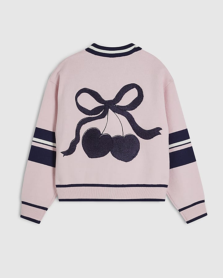 Girls Pink Stripe Cherry Cardigan