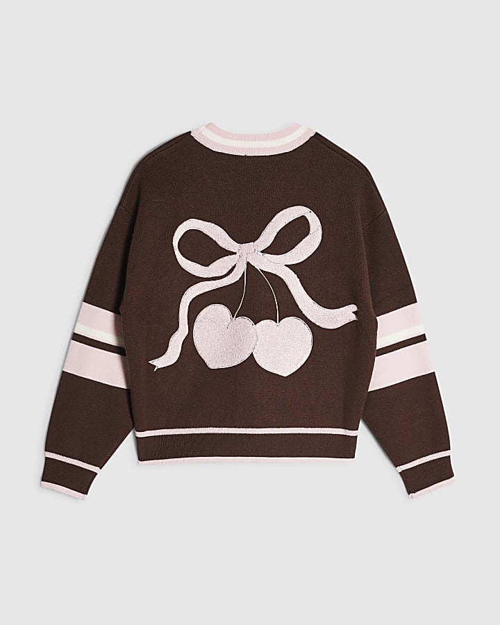 Girls Brown Stripe Cherry Cardigan