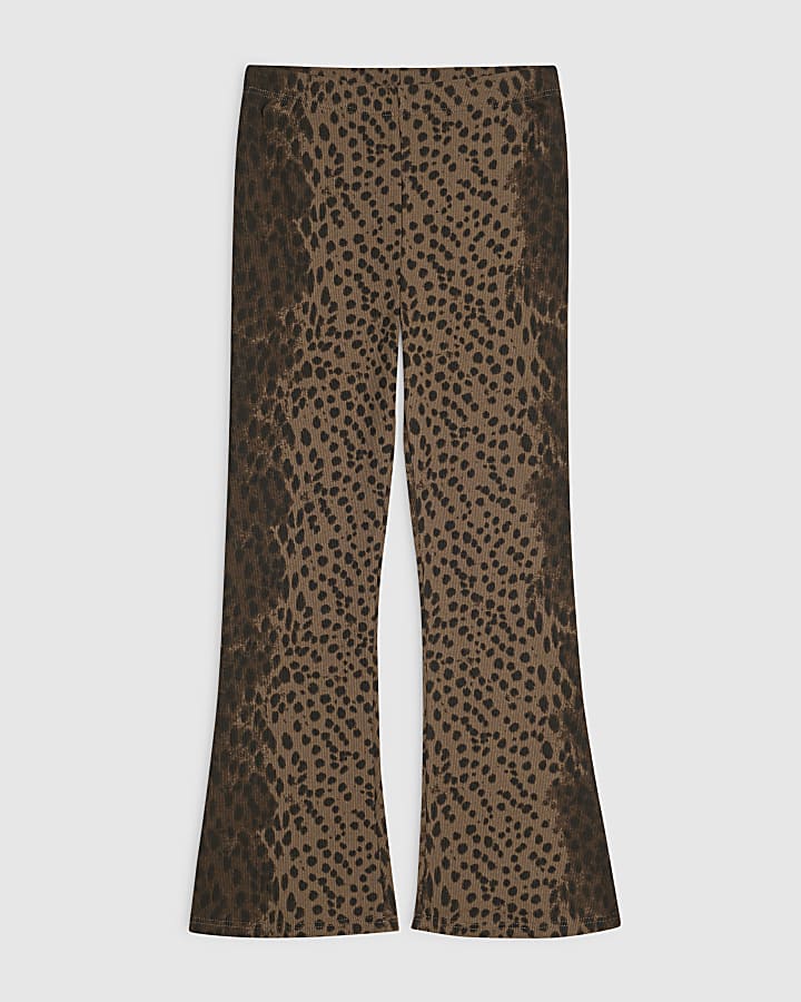 Girls Brown Leopard Flared Leggings