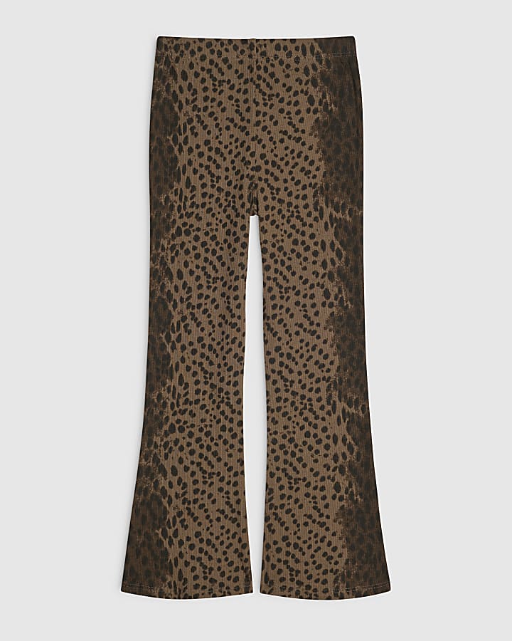 Girls Brown Leopard Flared Leggings