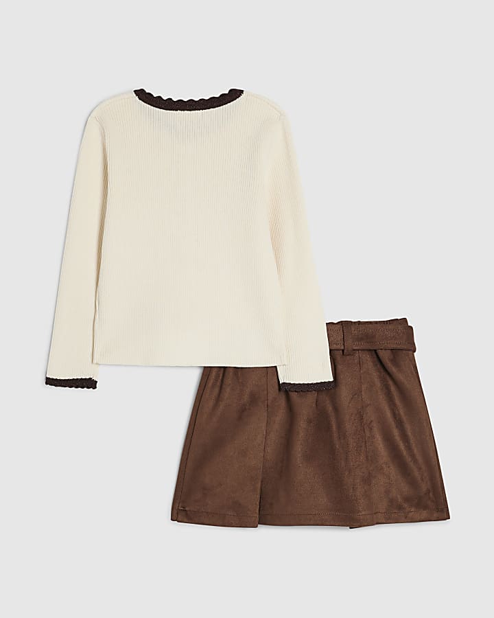 Mini Girls Brown Faux Suede Skort Set