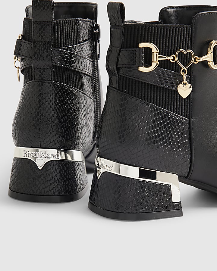 Girls Black Heel Croc Buckle Boots