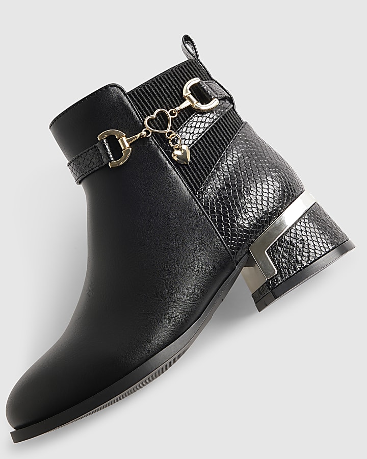 Girls Black Heel Croc Buckle Boots