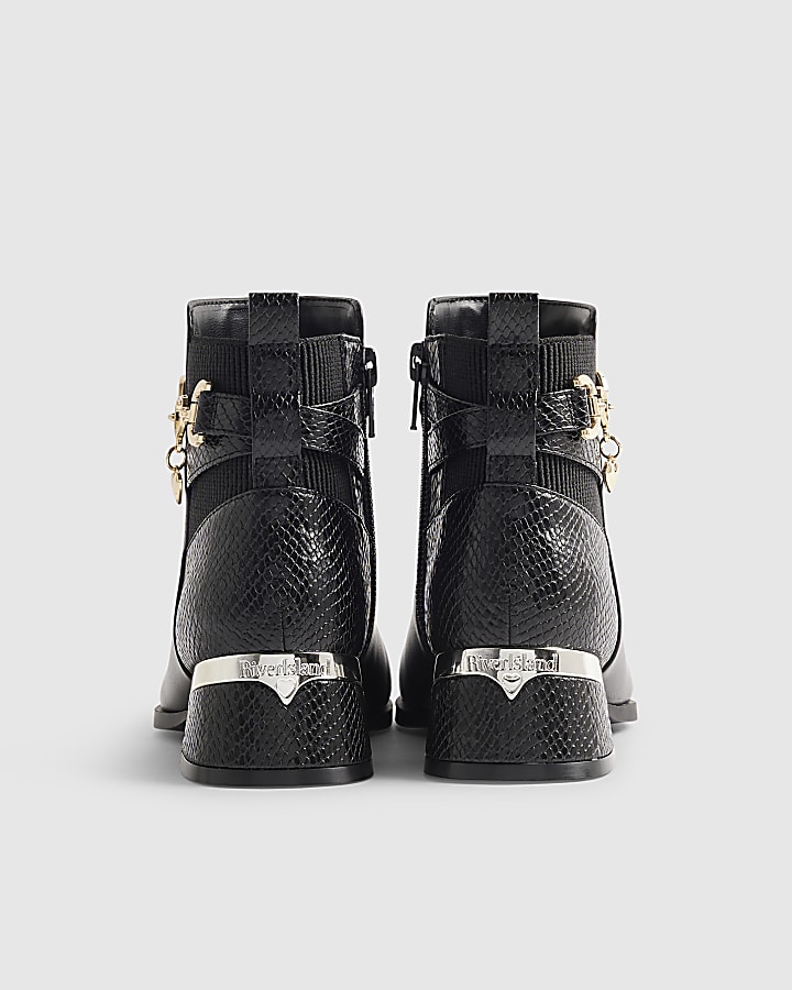 Girls Black Heel Croc Buckle Boots