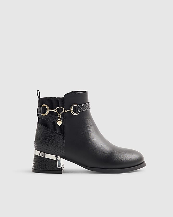 Girls Black Heel Croc Buckle Boots