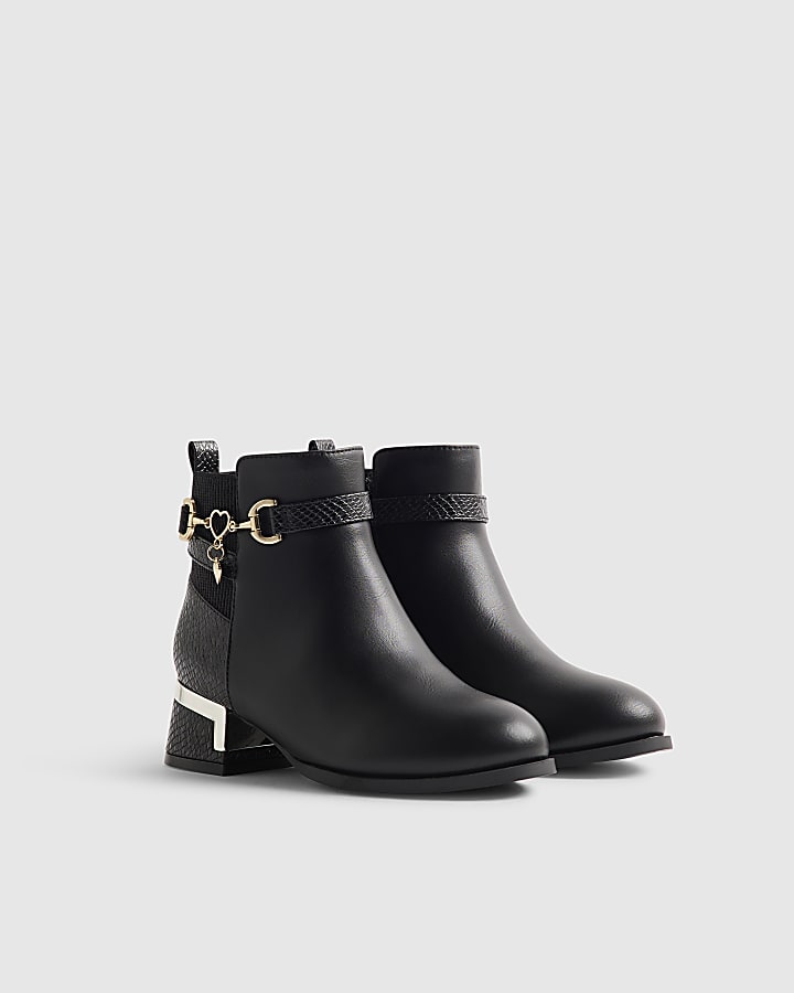 Girls Black Heel Croc Buckle Boots