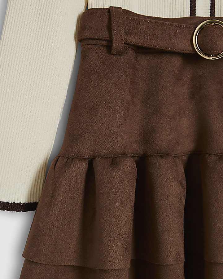 Girls Brown Faux Suede Skirt Set