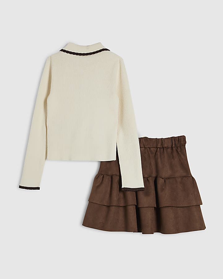 Girls Brown Faux Suede Skirt Set