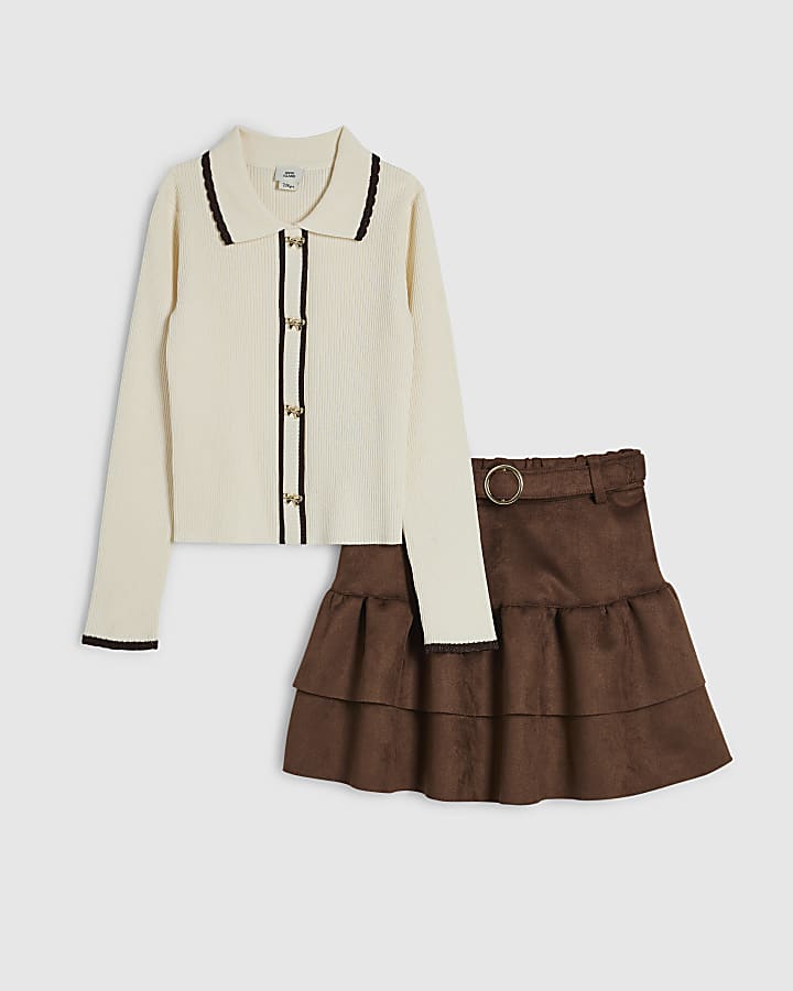 Girls Brown Faux Suede Skirt Set