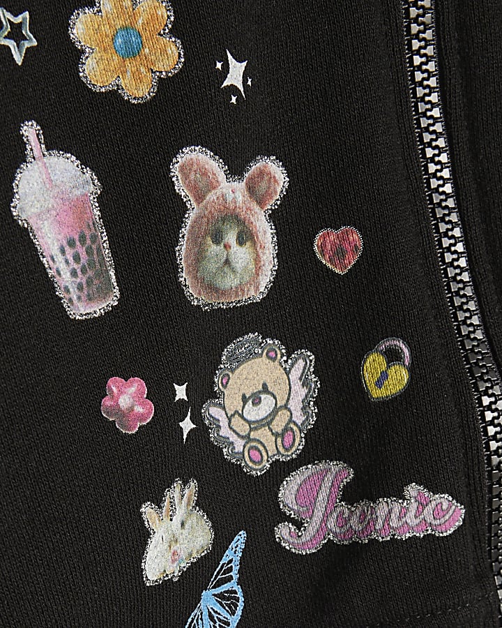 Girls Black Sticker Print Zip Through Hoodie