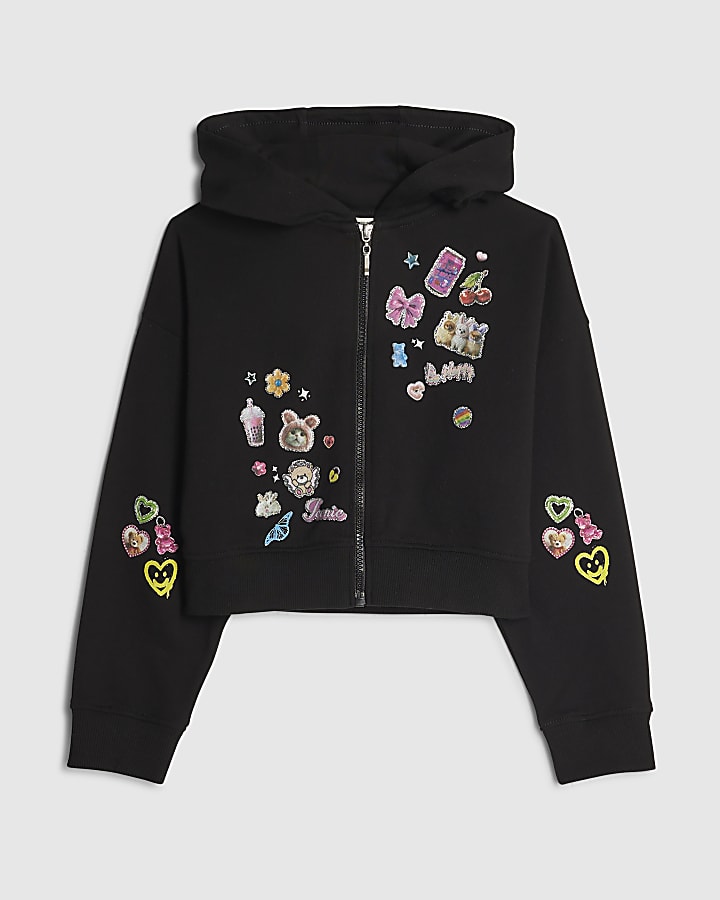 Girls Black Sticker Print Zip Through Hoodie