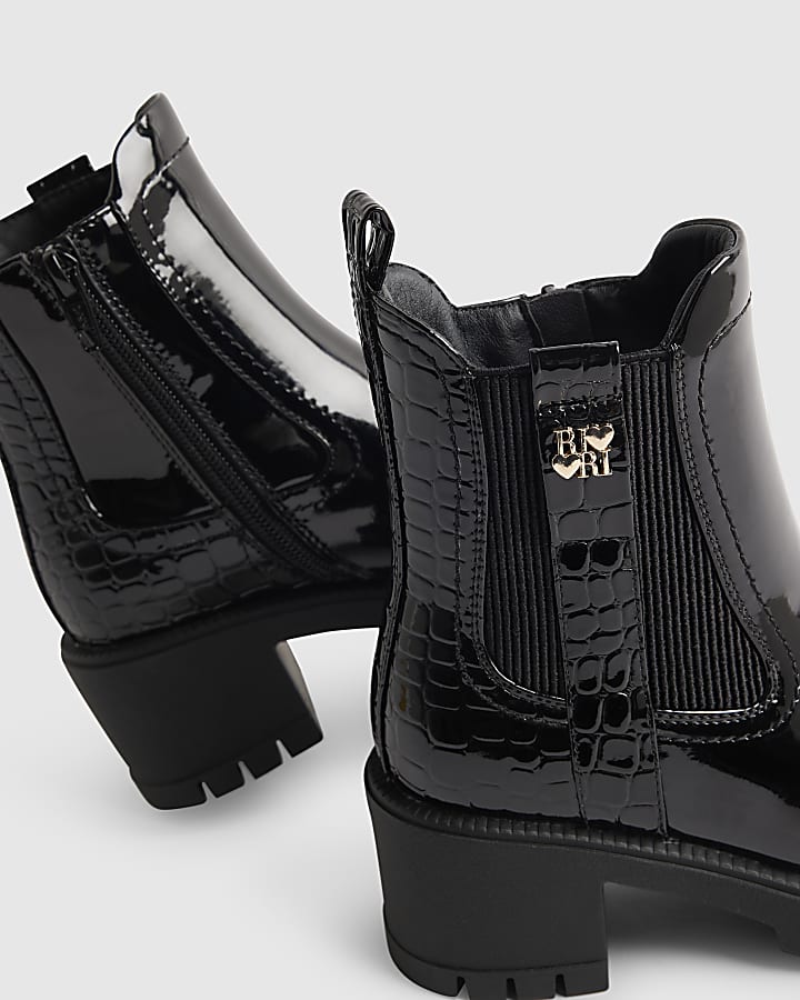 Girls Black Patent Snake Heeled Chelsea Boots