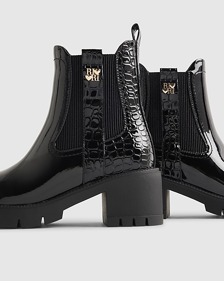 Girls Black Patent Snake Heeled Chelsea Boots