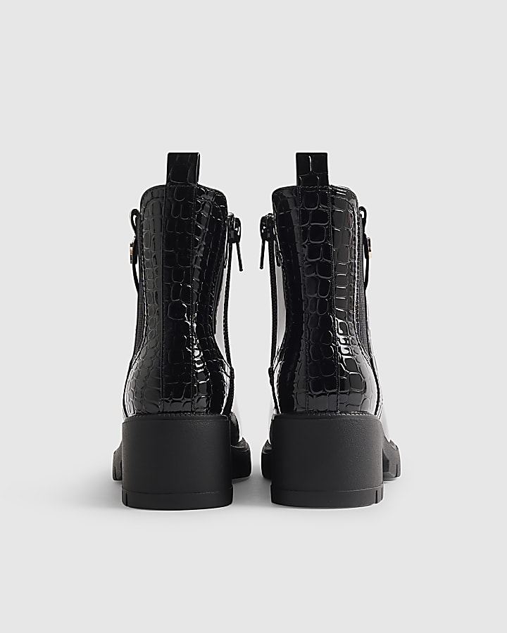 Girls Black Patent Snake Heeled Chelsea Boots