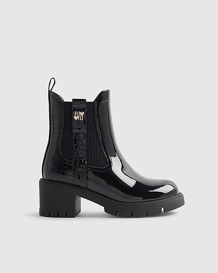 Girls Black Patent Snake Heeled Chelsea Boots