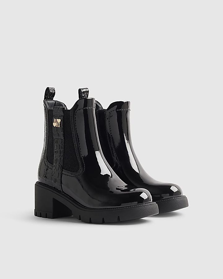 Girls Black Patent Snake Heeled Chelsea Boots