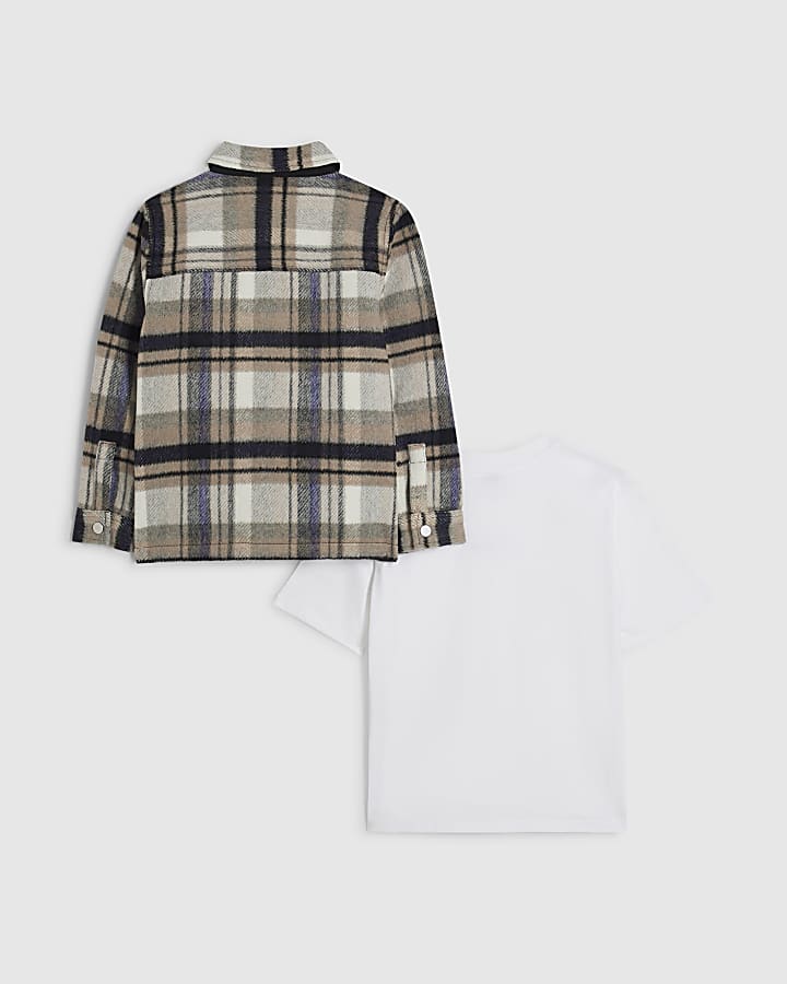 Boys Cream Check Shacket And T-Shirt Set