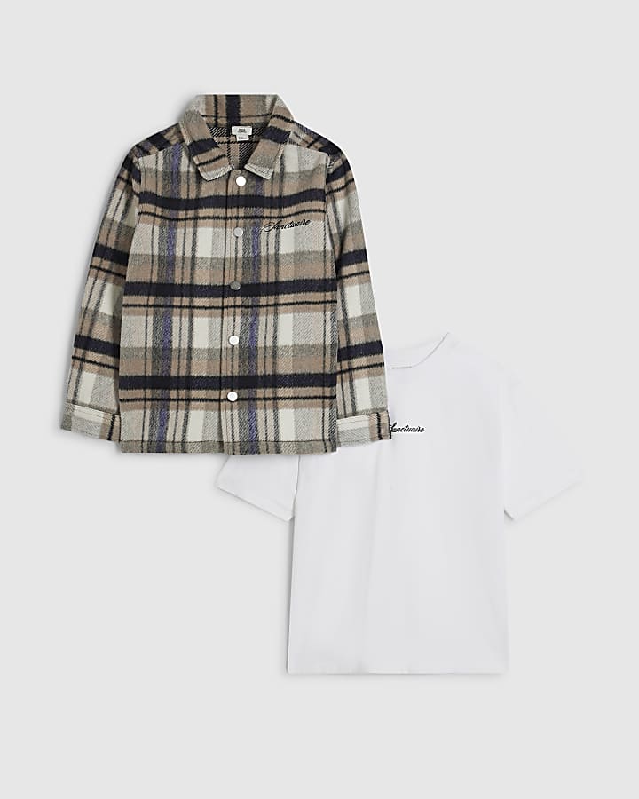 Boys Cream Check Shacket And T-Shirt Set
