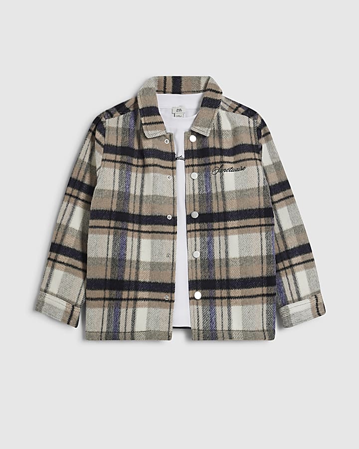 Boys Cream Check Shacket And T-Shirt Set